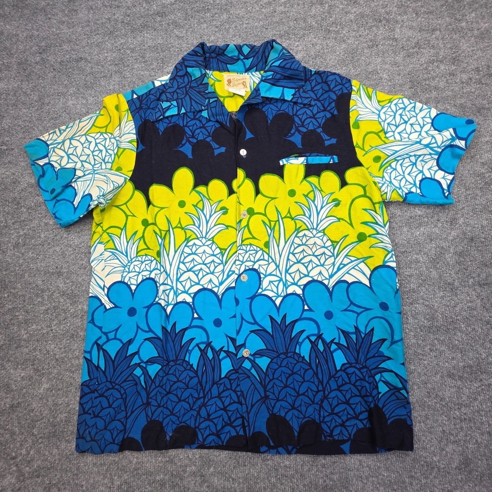 Vintage Polynesian Bazaar Hawaiian Shirt Men's Large Floral AOP Pineapple 60's
